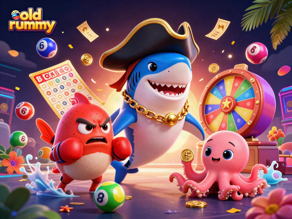 Menang dalam permainan old rummy dengan tampilan karakter laut yang ceria dan penuh warna.