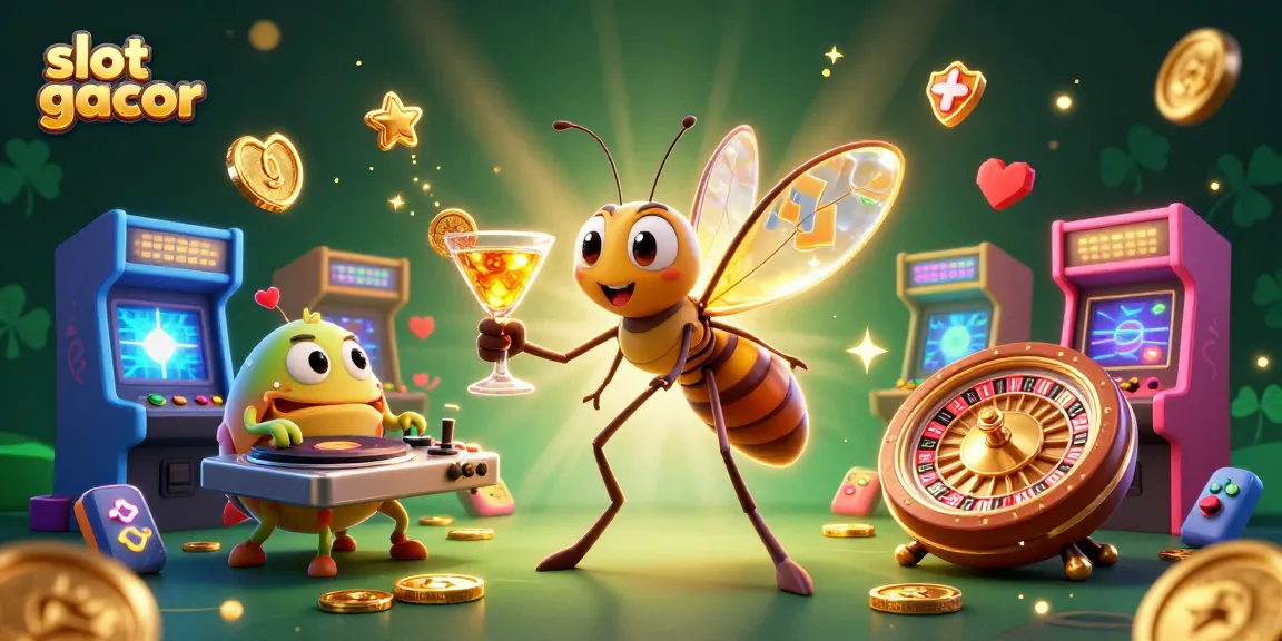 Engage with slot gacor through a lively casino scene featuring a vibrant mascot and interactive games.