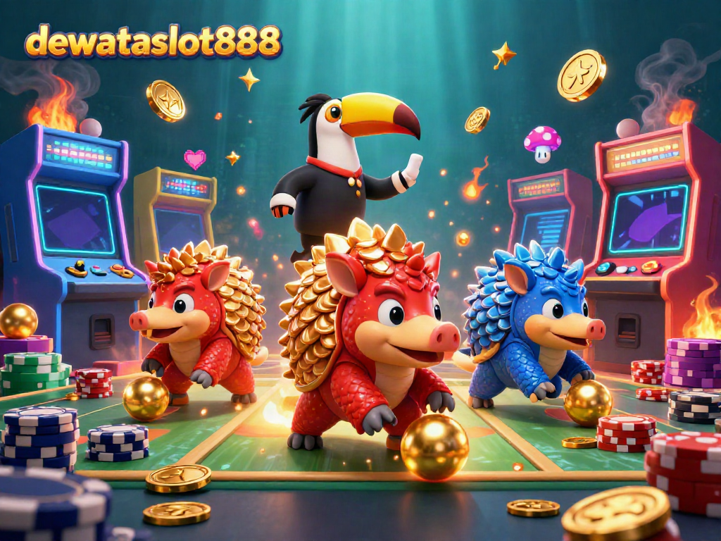 Permainan remi di dewataslot888 dengan pangolin, dadu emas, dan chip poker berserakan