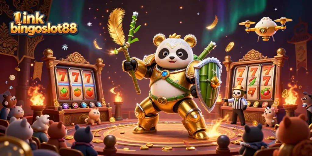 Main visual dari link bingoslot88 dengan panda emas dan robot bertema kasino yang kaya detail.