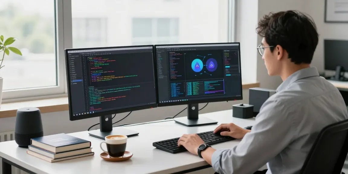 AI assistant development in modern tech workspace featuring dual monitors and programming tools.