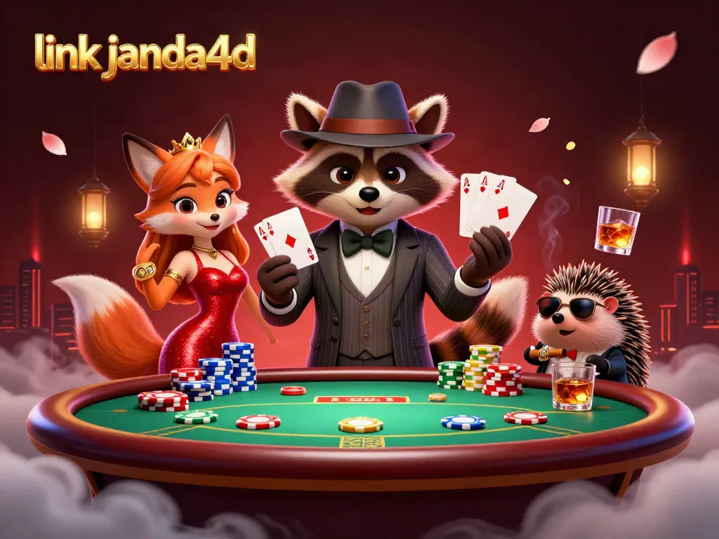 Gambarlah suasana bermain poker dengan link janda4d ditampilkan oleh karakter kartun menggemaskan.