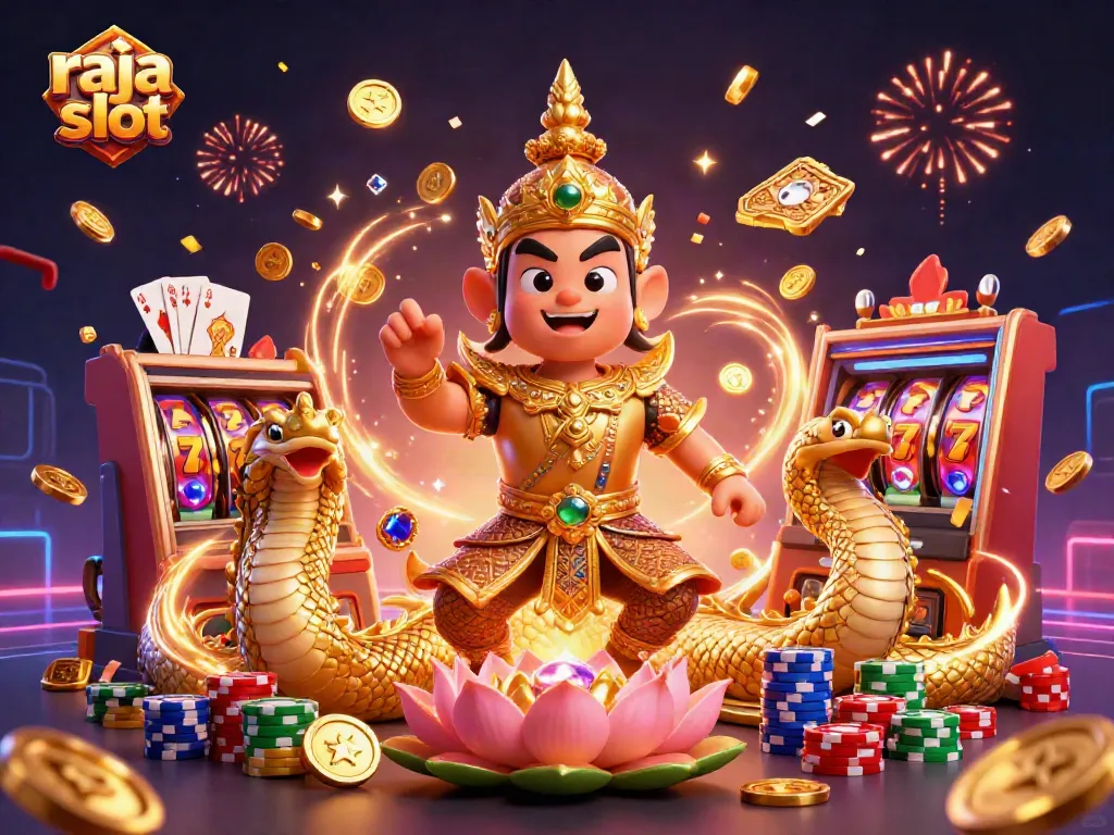 Raja slot menampilkan penjaga kuil Thailand dan naga dikelilingi oleh koin emas dan kartu poker.