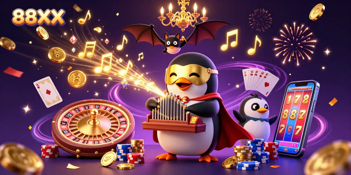 Join the excitement at 88XX with a lively penguin organ player and dazzling casino visuals!