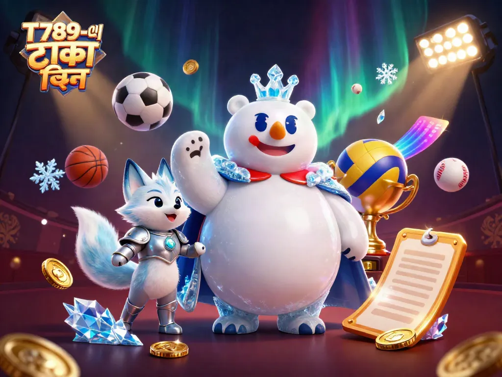 T789-এ টাকা জমা দিন in a vibrant 3D casino scene featuring characters in a dynamic sporting environment with winning trophies and betting elements.