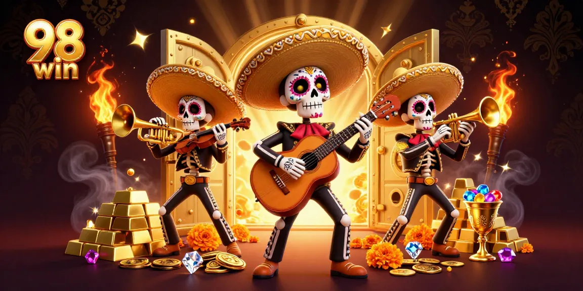 Experience the thrill of 98 win with vibrant mariachi skeletons celebrating in a rich casino atmosphere.