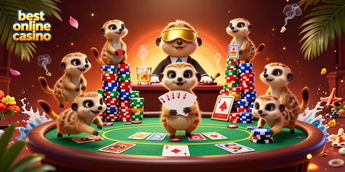Experience the excitement at the best online casino with meerkats managing a vibrant poker scene.