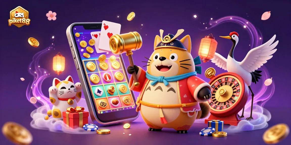 Pikat88's lively illustration features a cheerful tanuki and samurai crane amidst vibrant casino symbols.