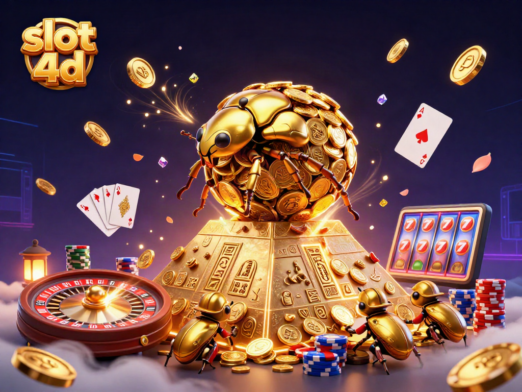 Menangkan permainan slot 4d dengan kumbang emas berputar dan koin berkilau.
