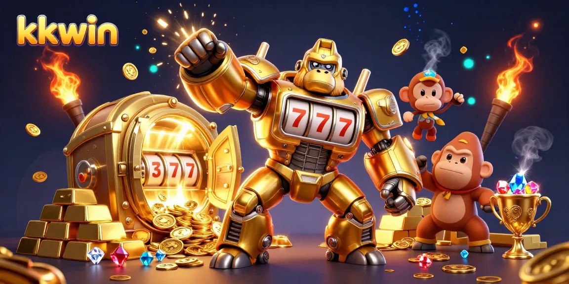 Engage with the amazing kkwin world, featuring a golden gorilla mech bursting with coins in a vibrant casino.