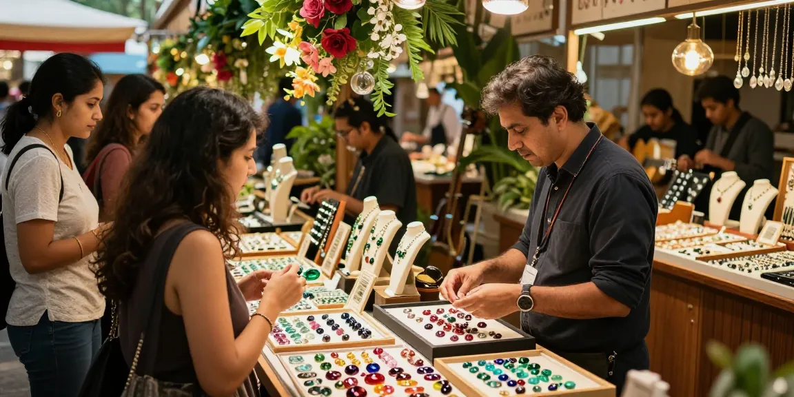 Explore high-quality gemstones at https://www.mygemspot.com in a vibrant marketplace atmosphere.