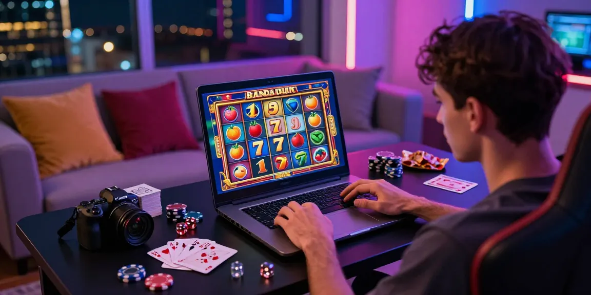 Experience thrilling bandar slot games in an engaging home gaming setup with accessories.