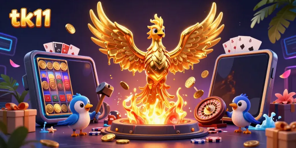 Engage with thrilling gaming action in tk11 featuring a golden phoenix and colorful slot elements.