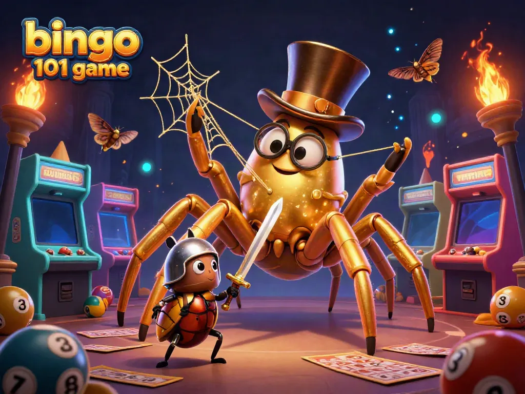 Engage with the colorful bingo 101 game scene featuring a golden tarantula and a beetle knight amidst bright arcade machines.