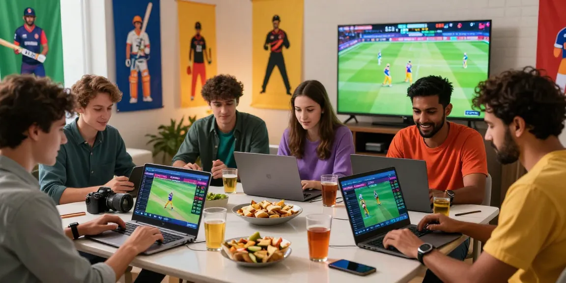 Exciting scene of diverse young adults enjoying fair online betting during a live cricket match.