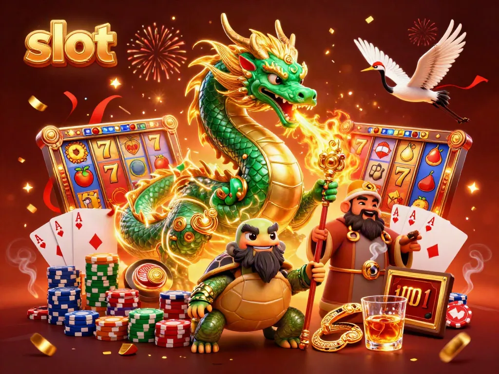 Experience thrilling slot action with vibrant colors and casino symbols in this dynamic 3D illustration.