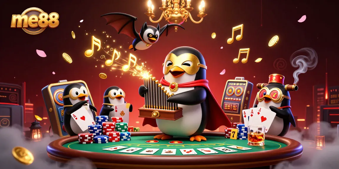 me88 gambling scene with a penguin organist and vibrant poker elements filling the game
