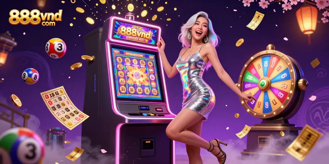 Celebrate with excitement at 888vnd com as golden coins erupt from a jackpot slot machine in a vibrant casino scene.