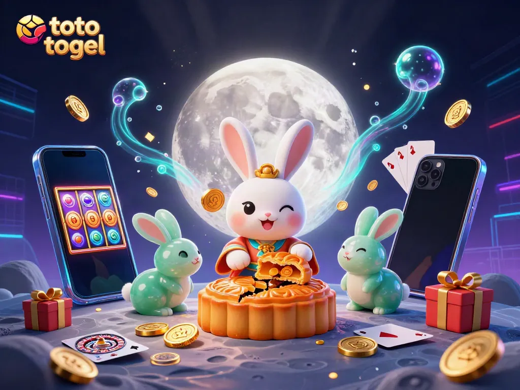 Experience the excitement of toto togel with vibrant 3D characters and casino elements in an enchanting lunar setting.