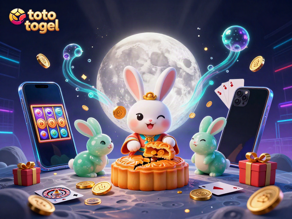 Experience the excitement of toto togel with vibrant 3D characters and casino elements in an enchanting lunar setting.