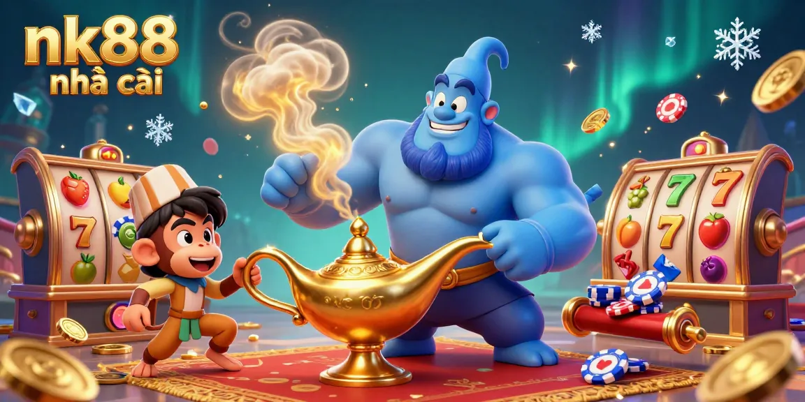 Engage with nk88 nhà cái at a vibrant casino scene featuring a blue genie, monkey, and slot machine elements.