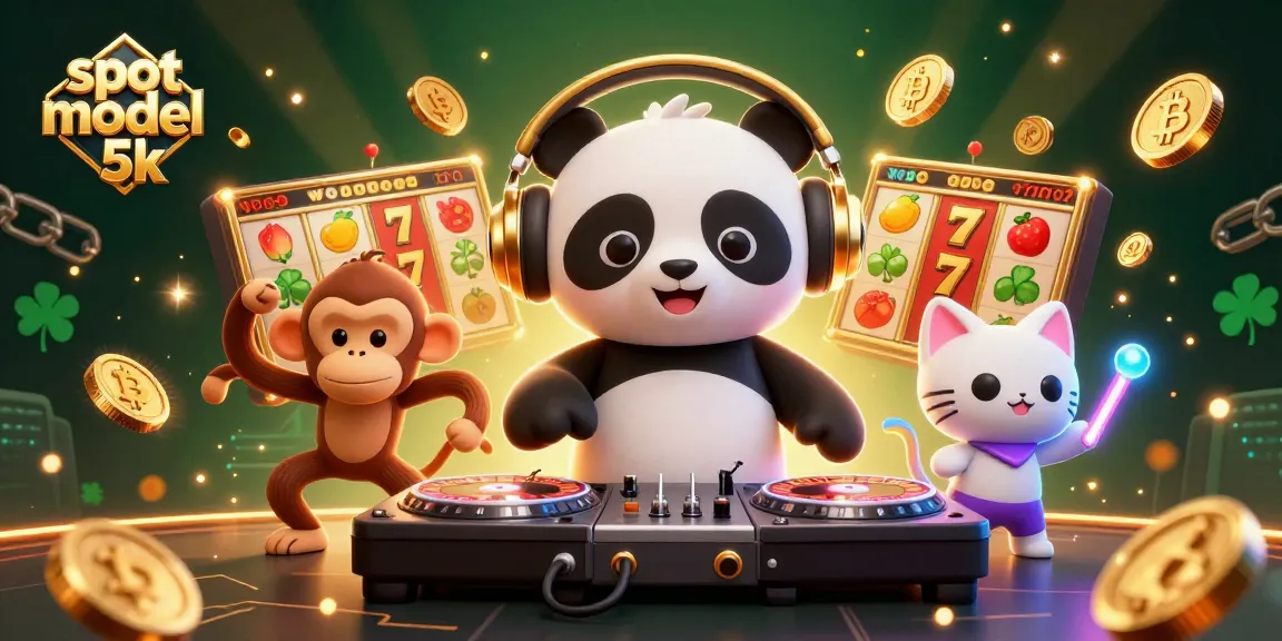 Engage with slot modal 5k's explosive action featuring a DJ panda, dancing monkey, and glowing kitten amidst colorful slot reels.