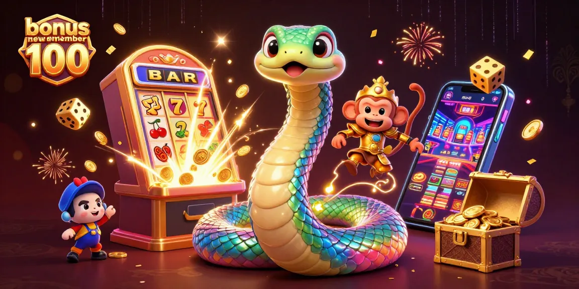 Win big with the bonus new member 100, featuring vibrant casino elements and dynamic characters.