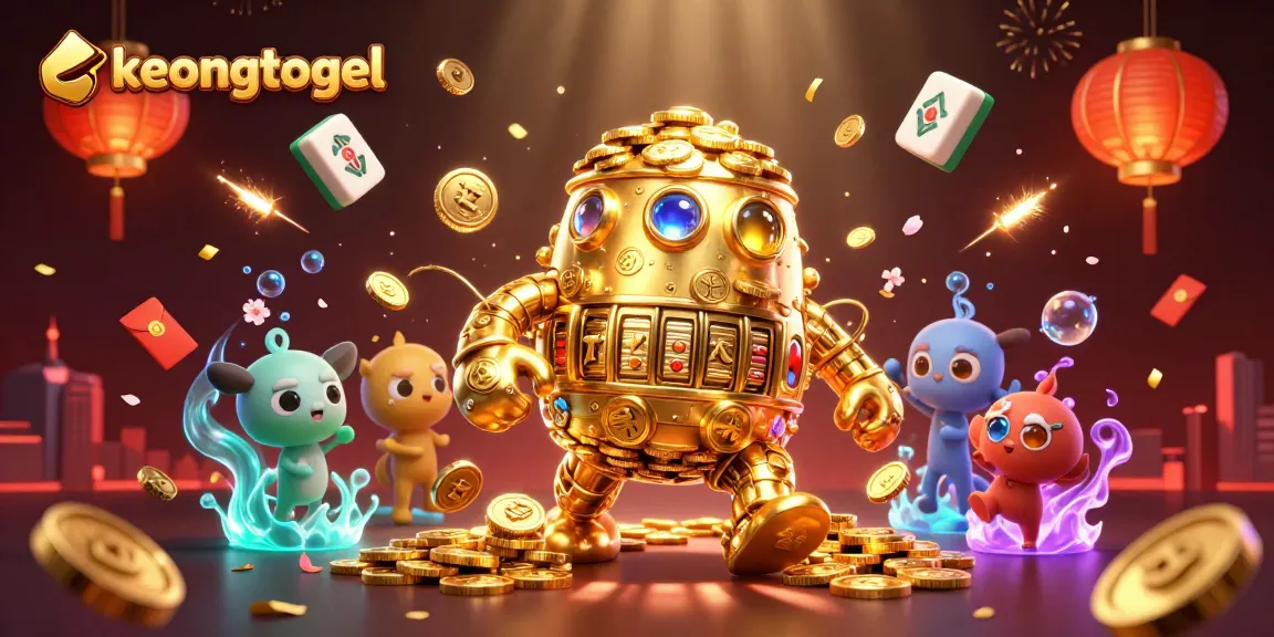 Spin the reels at keongtogel with a golden golem amidst floating festive game elements.