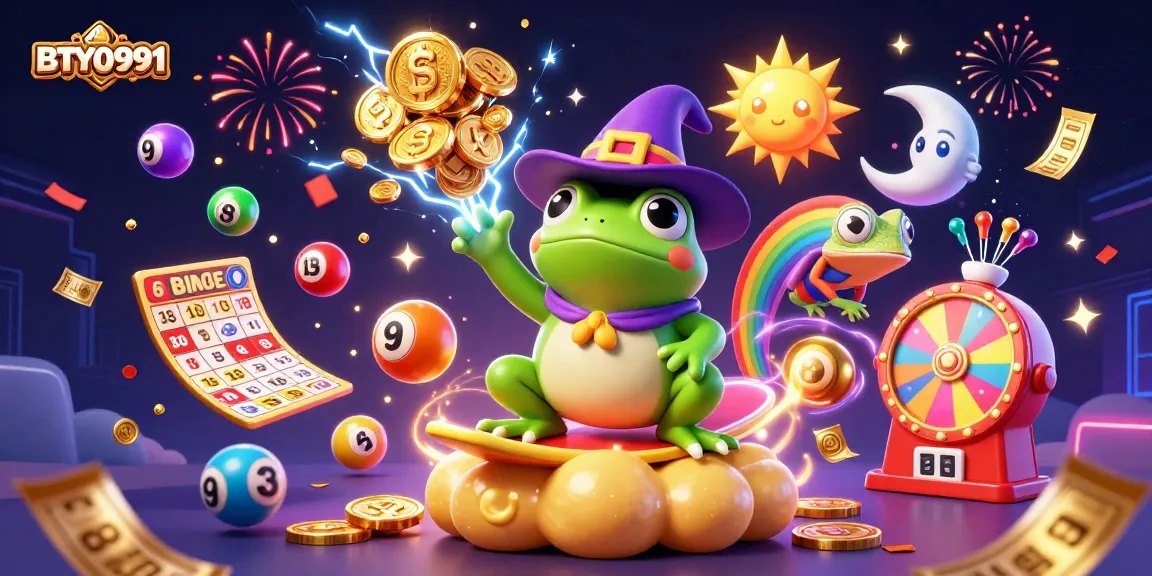 Engage with BTY0991's vibrant lottery and gaming scene, featuring colorful elements and dynamic energy.