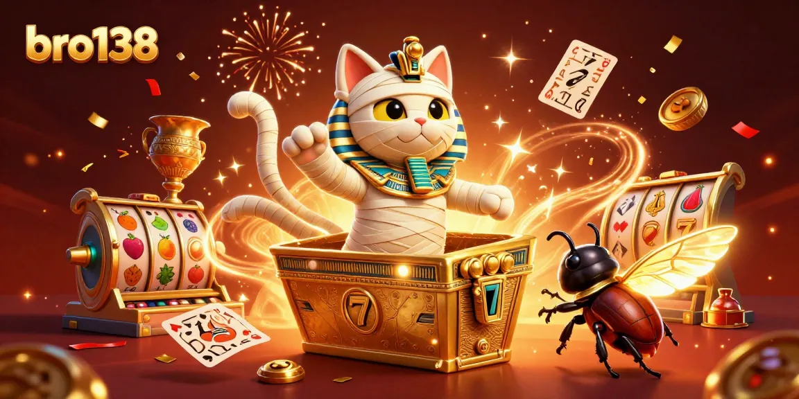 Win big at bro138 with a vibrant 3D scene of a mummy cat in a casino bursting with energy.