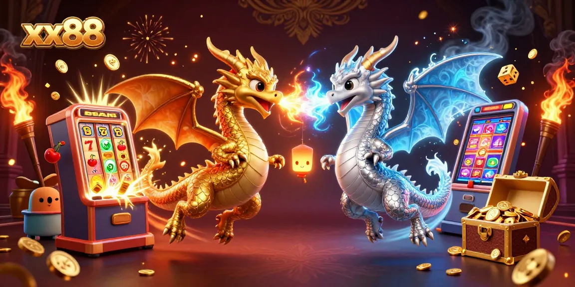 Win big at xx88 with dragons, slot machines, and golden treasures in this dynamic casino scene.