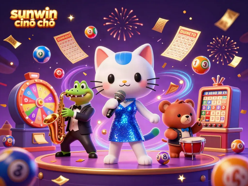 Experience sunwin chính chủ with a lively casino scene featuring a singing cat, saxophone crocodile, and drumming bear.