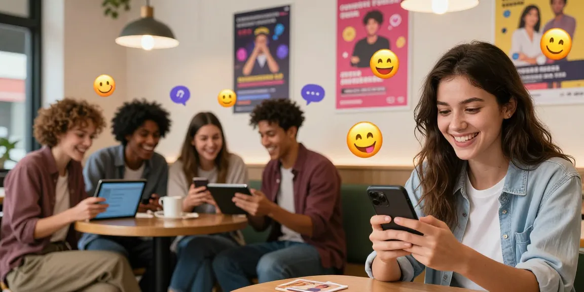Engaging spicy chat activity among friends in a trendy café, showcasing a lively atmosphere of digital conversations.