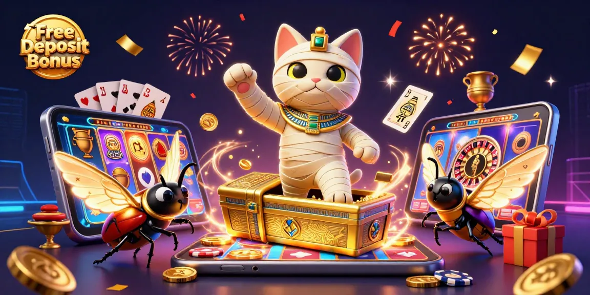 Experience the excitement of the Free No Deposit Bonus as the Egyptian mummy cat bursts forth in a vibrant casino!