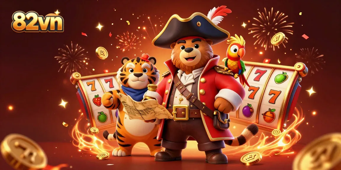 Experience excitement at 82vn with vibrant slot reels and characters in a captivating casino scene.