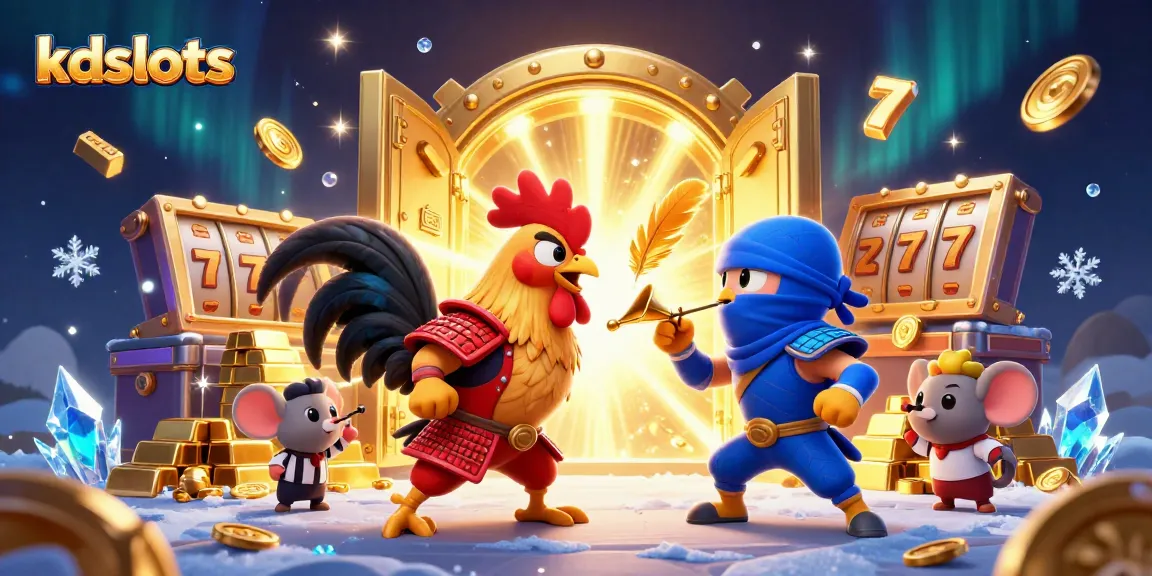 Kdslots features twin roosters in combat against a backdrop of golden treasures and slot symbols.