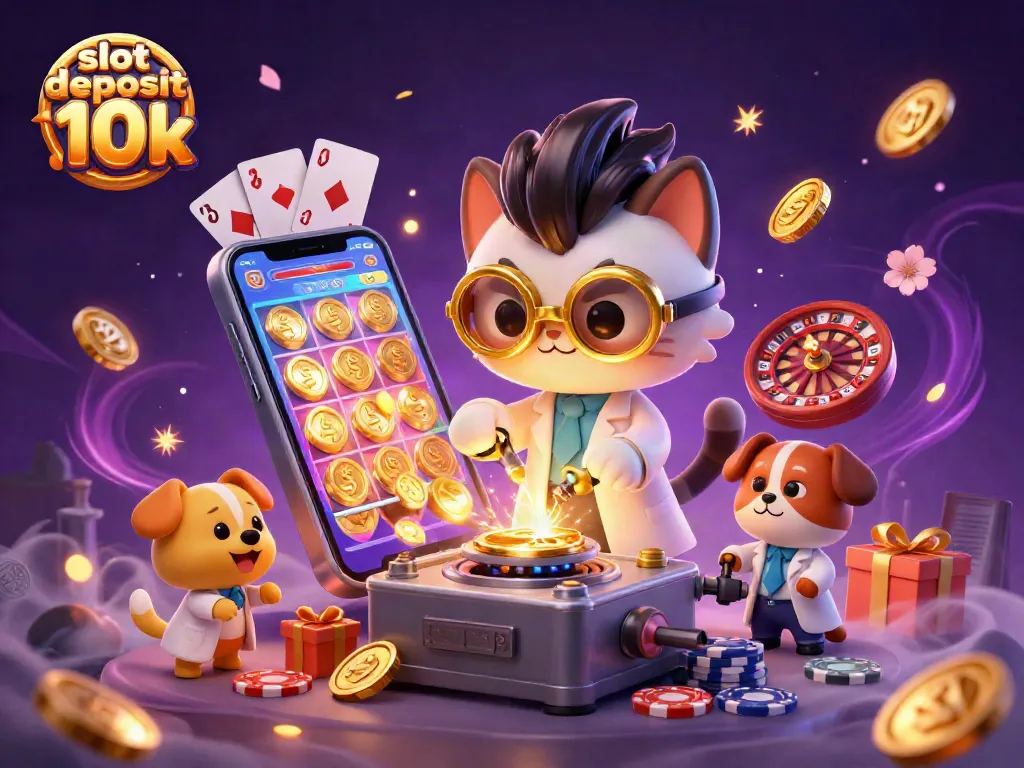 Engage in a thrilling slot deposit 10k experience with lively characters, dynamic casino elements, and golden surprises.