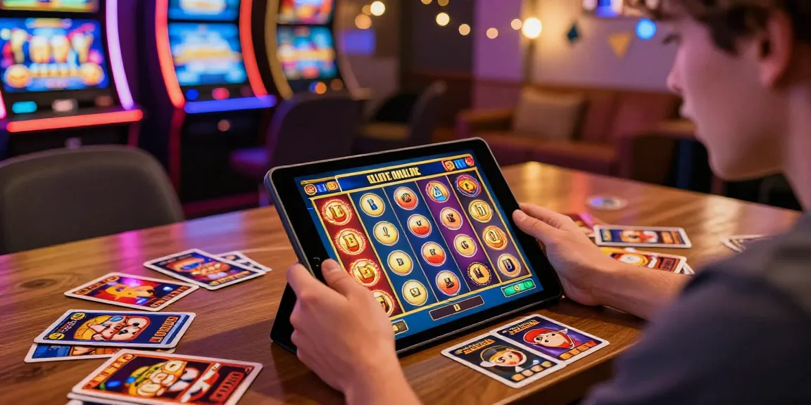 Player excitedly engaging with a tablet showcasing SLOT ONLINE games in a vibrant digital casino atmosphere.
