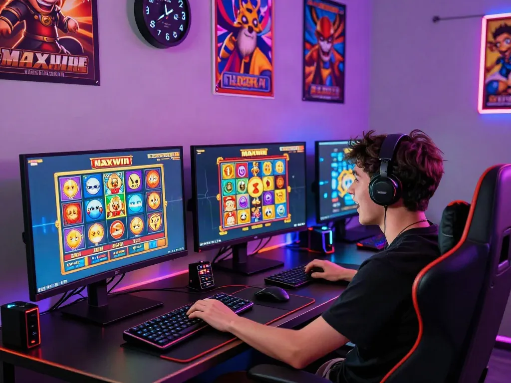 Player engaged with slot maxwin games in a colorful online gaming setup.