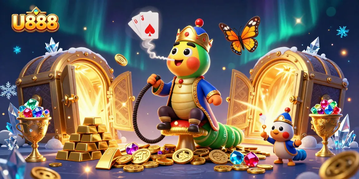 U888 spins winning poker hands in a vibrant casino scene filled with gold and jewels.