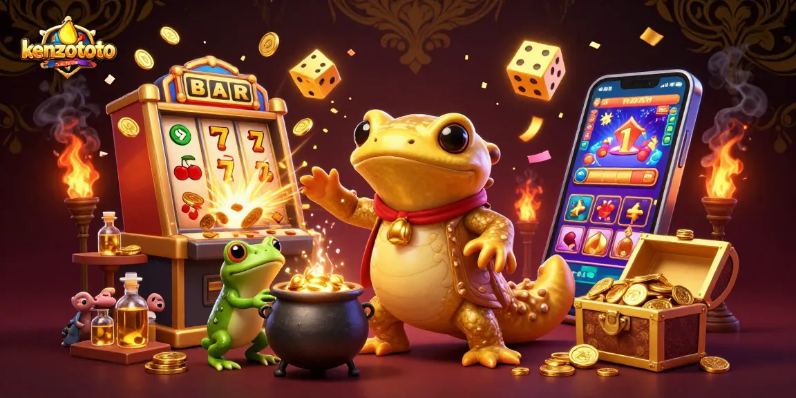 Kenzototo showcases a vibrant 3D illustration of a golden salamander alchemist surrounded by gambling elements, highlighting excitement and engagement.