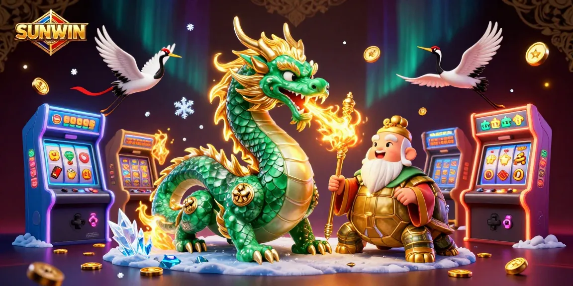 SUNWIN elevates gaming excitement with a vibrant scene featuring dragons and mystical turtles amid exciting casino elements.