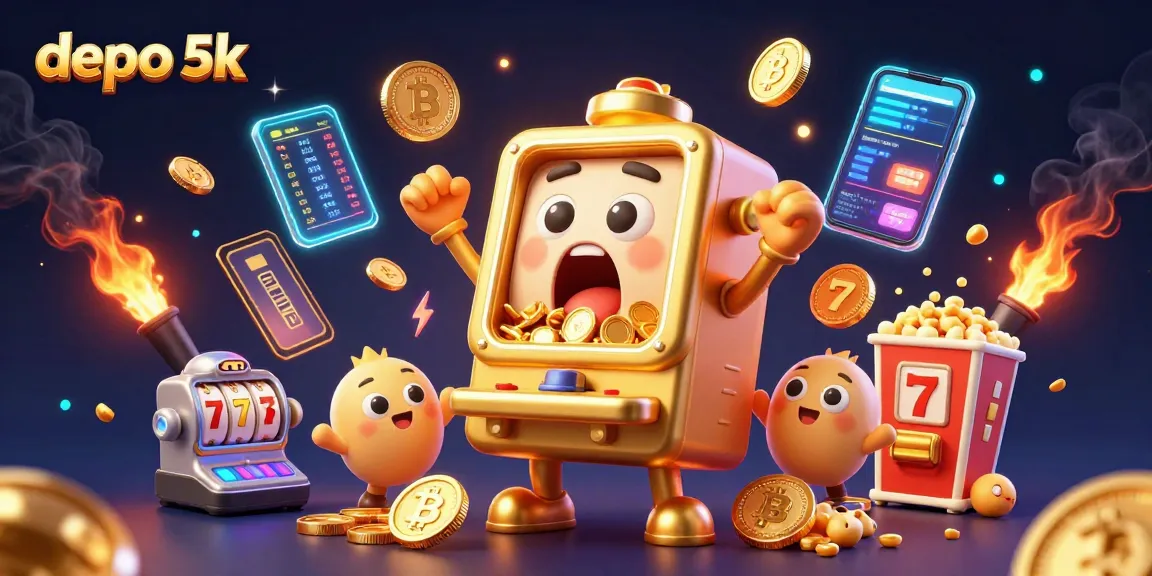 Win big with depo 5k as a golden slot machine celebrates a jackpot in this vibrant gambling illustration.