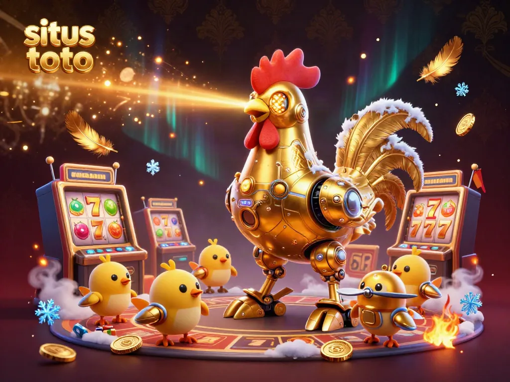 Engage in thrilling gaming with situs toto, featuring a dazzling rooster robot amidst vibrant slot machines and gold coins.
