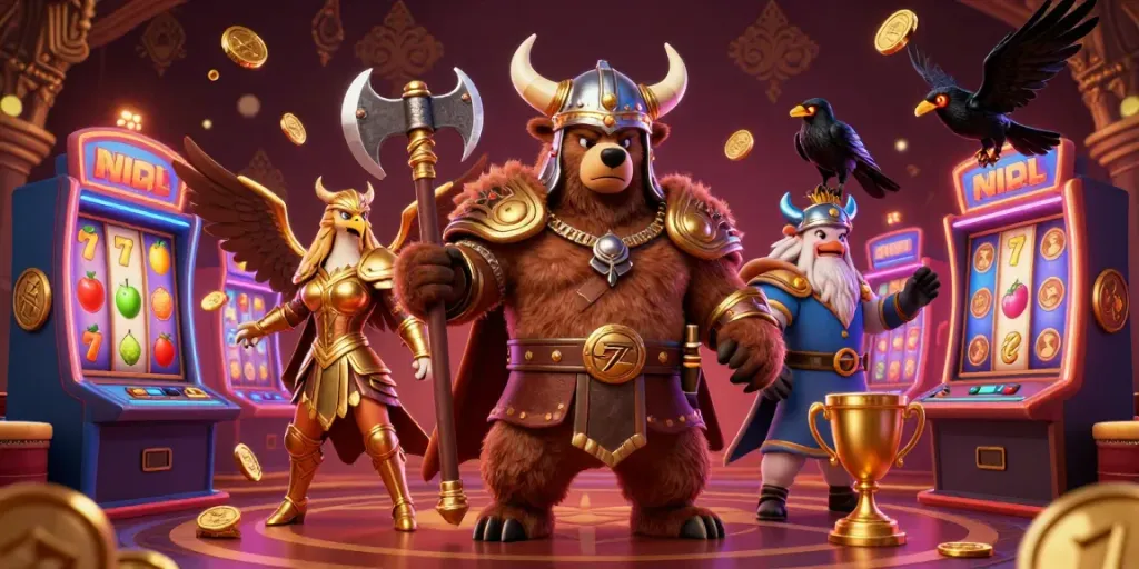 BOLASLOT99 showcases a thrilling casino environment with a Viking bear, Valkyrie eagle, and glowing runes amid spinning slots and coins.