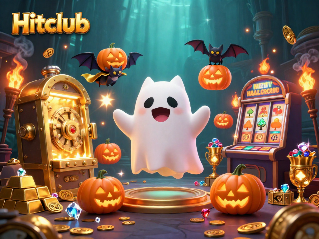 Experience thrilling gameplay at Hitclub with a cartoon ghost cat amidst vibrant casino elements.