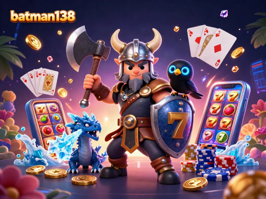 batman138 merayakan kemenangan dengan karakter kartun Viking, naga, dan burung gagak