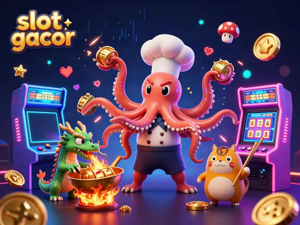 Engage with slot gacor-themed gameplay featuring a playful sushi chef octopus and a lucky dragon.