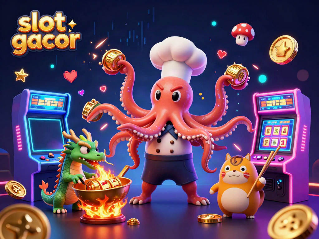 Engage with slot gacor-themed gameplay featuring a playful sushi chef octopus and a lucky dragon.
