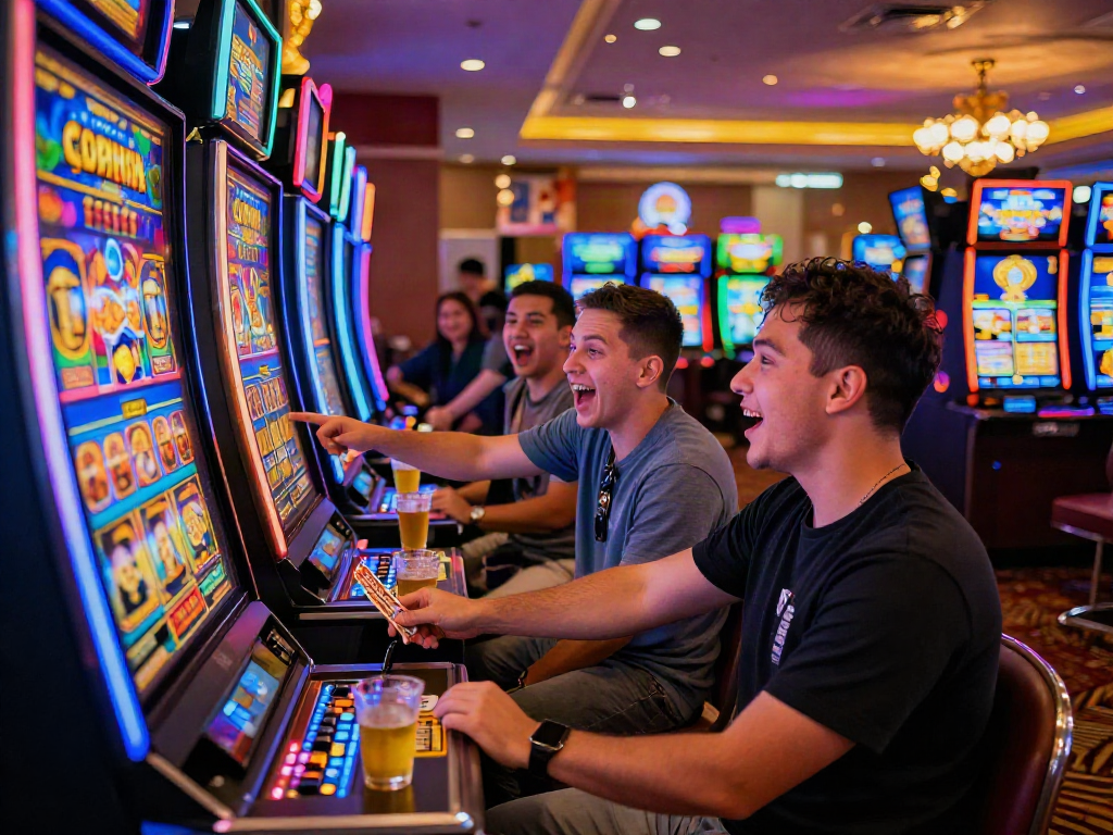 Exciting slot gacor gameplay in a lively casino with enthusiastic players celebrating wins